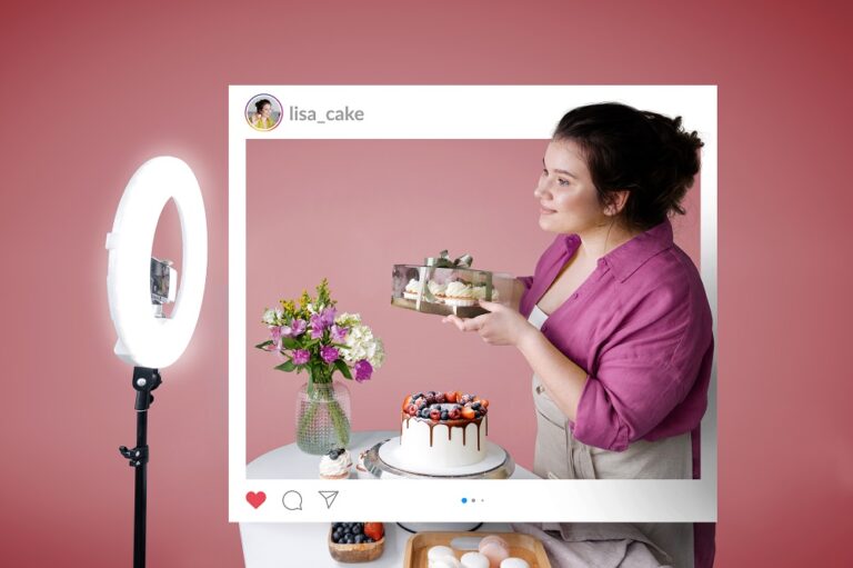Mujer crea contenido para feed de Instagram