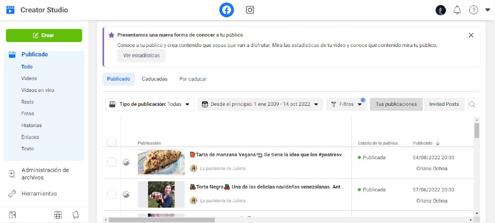 Ejemplo de publicaciones en Facebook Creator Studio